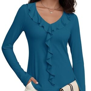 [🟡 Bundle 10 items for $25] 
Elegant Teal Ruffle V-Neck Women's Top